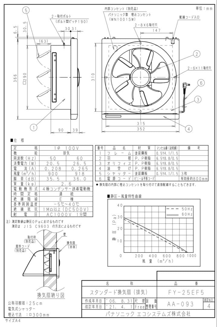 【Panasonic】金属製換気扇FY-25EF5
