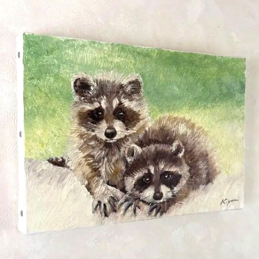 アライグマの親子　油彩画