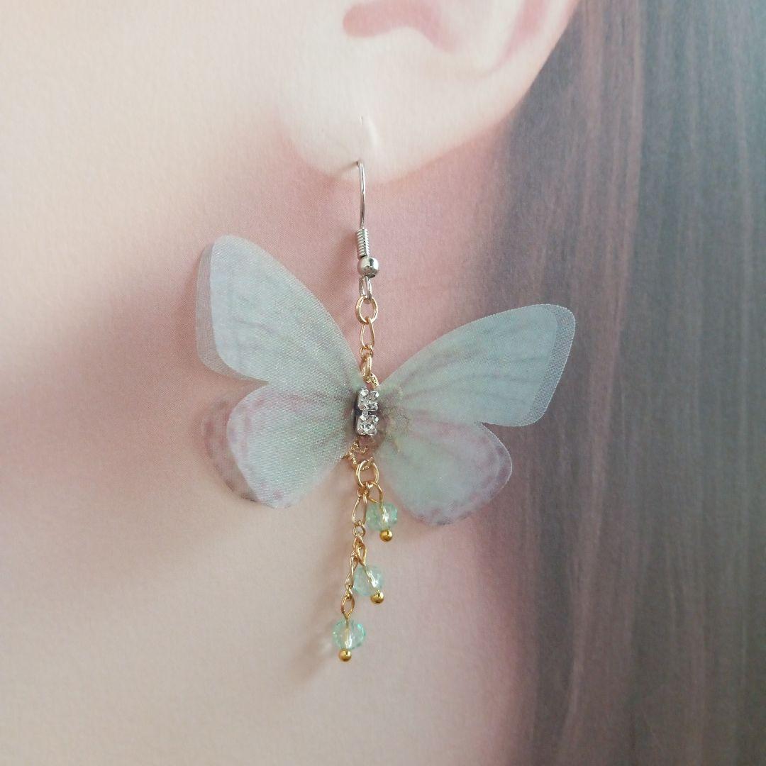 ♡ハンドメイド♡ピアスorイヤリング　シフォンバタフライ　グリーン