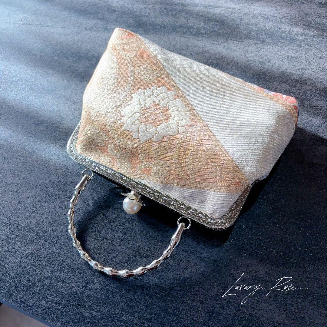 １月新作♡本真珠加工帯！格の高い濃密刺繍最高級西陣帯地！ホワイトピンク系帯バッグ