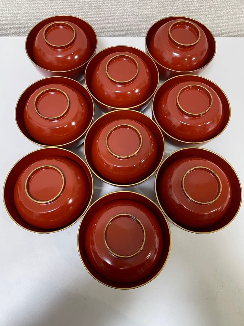 【現状品】漆器 輪島塗 金彩 朱塗 底黒塗 蓋付き椀 割烹 煮物椀 9個 ②