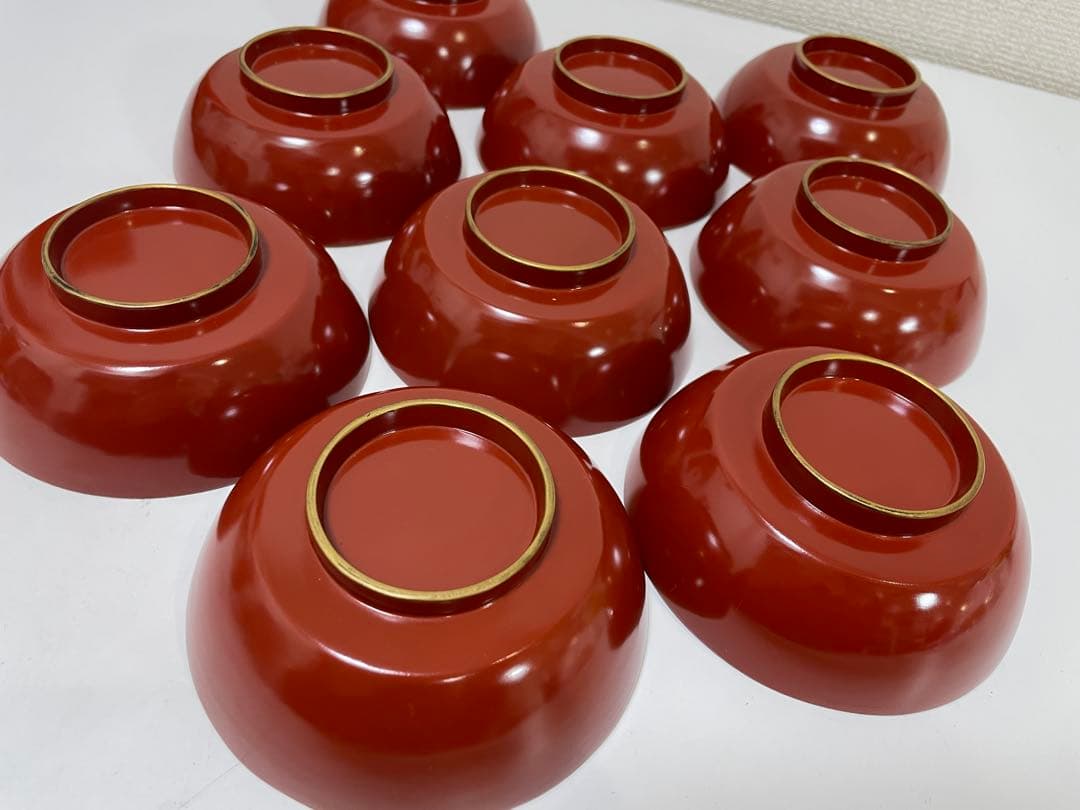 【現状品】漆器 輪島塗 金彩 朱塗 底黒塗 蓋付き椀 割烹 煮物椀 9個 ②