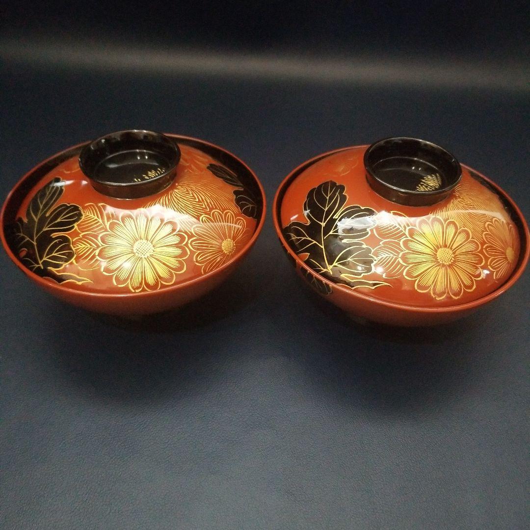 極美品 輪島塗 木製 吸物椀2客 朱漆内黒 沈金菊花文 煮物椀