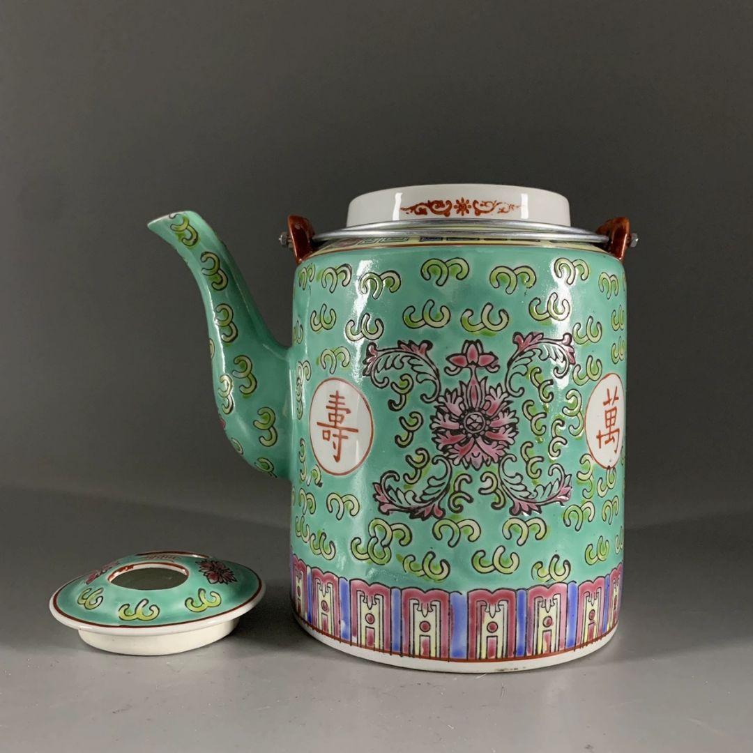 景徳鎮 緑地万寿無疆提梁茶壺 茶器 煎茶道具 未使用品 置物