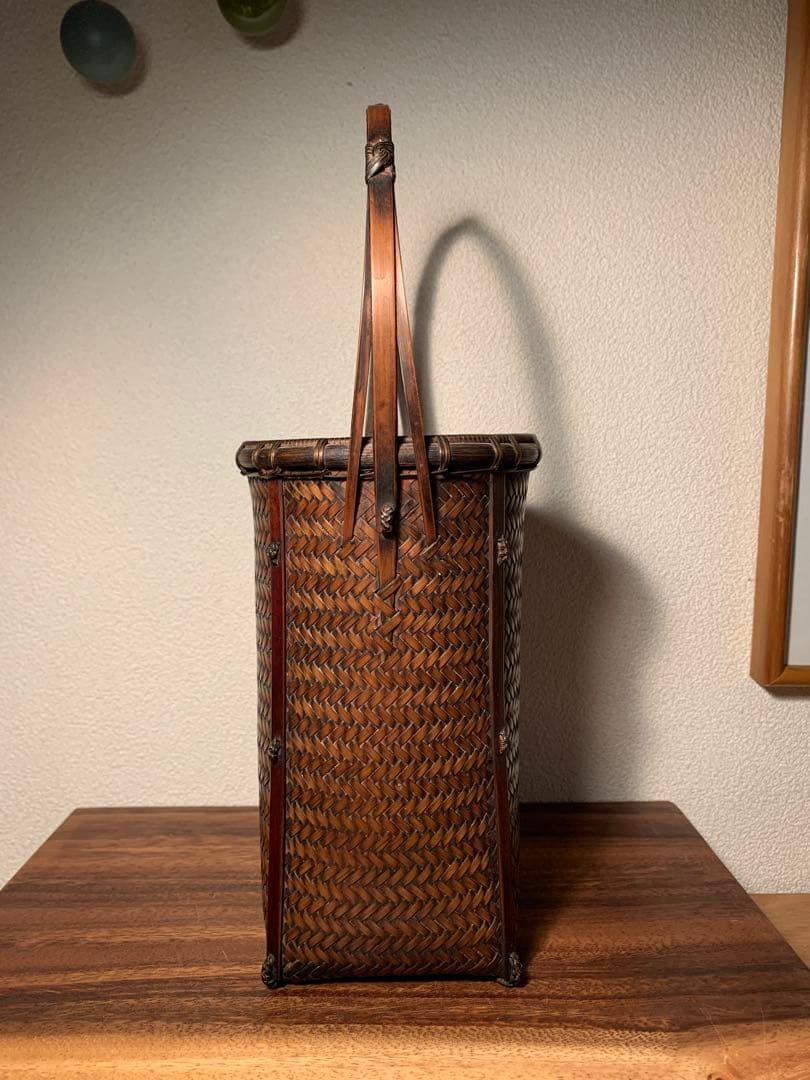 平原竹瑞作 竹編花籠 手付籠 網代編 花入 銘あり 別府 茶道具 銅落とし付き