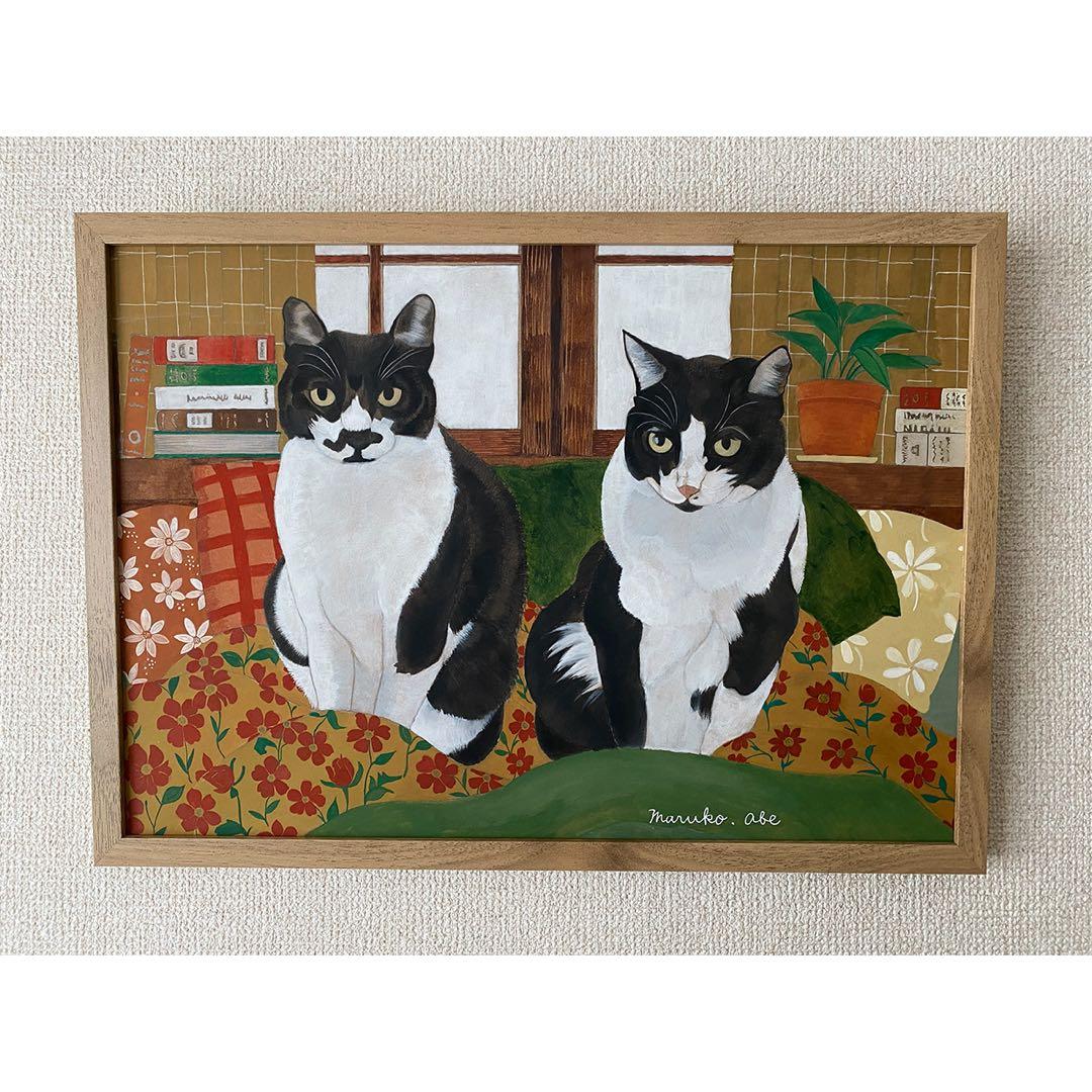 原画「寝床の二匹」《＋猫イラスト３枚無料プレゼント》猫イラスト