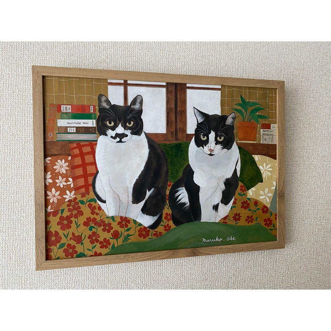原画「寝床の二匹」《＋猫イラスト３枚無料プレゼント》猫イラスト