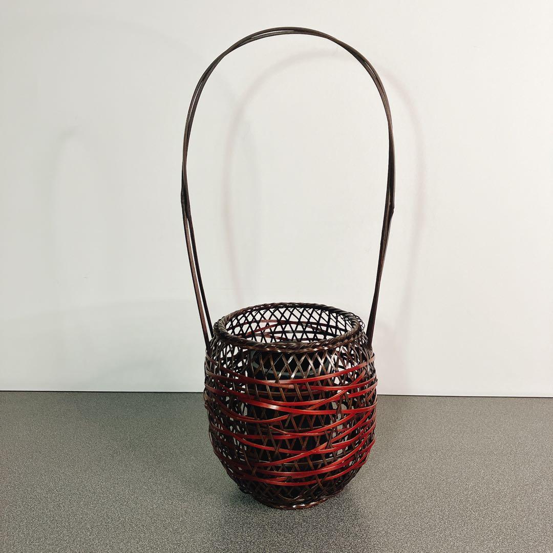 未使用】竹細工 花籠 花摘み籠 茶道具 花器 竹籠 手付 和風 インテリア