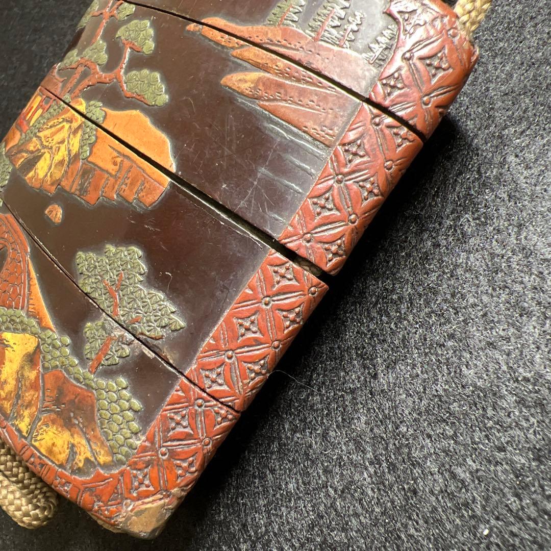 江戸期　木彫漆塗風景画四段印籠、極上饅頭根付　115g 東Y8-0218☆2F
