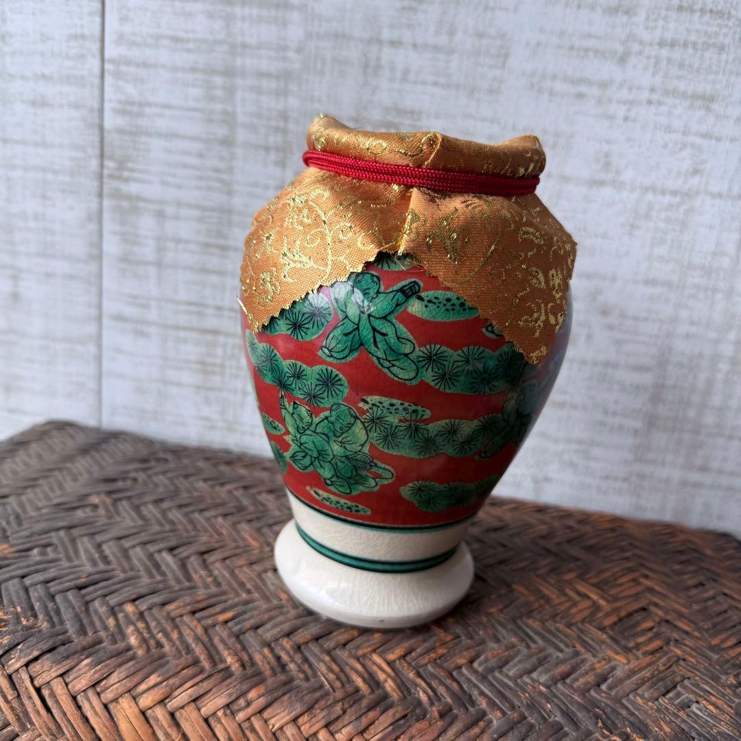 【極美品】飾り壺 金襴蓋 朱塗り 松紋様 骨董 アンティーク