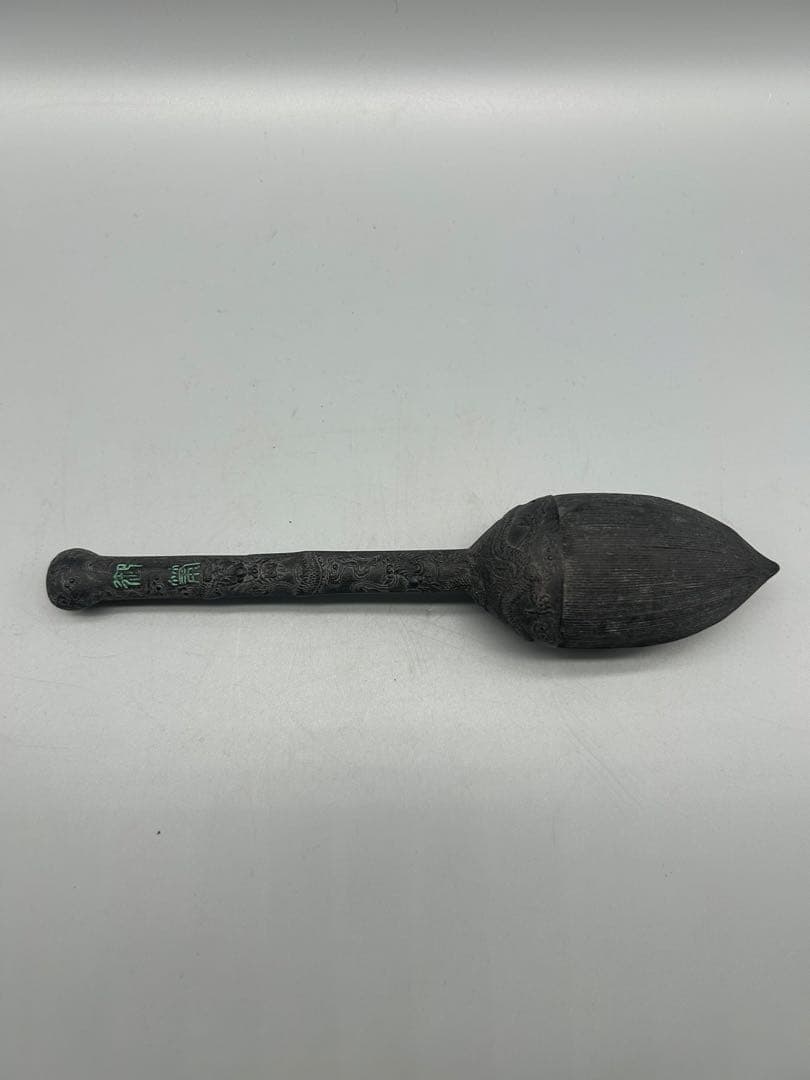 【骨董品】中国　古墨　扇形硯箱 石材 風景彫刻