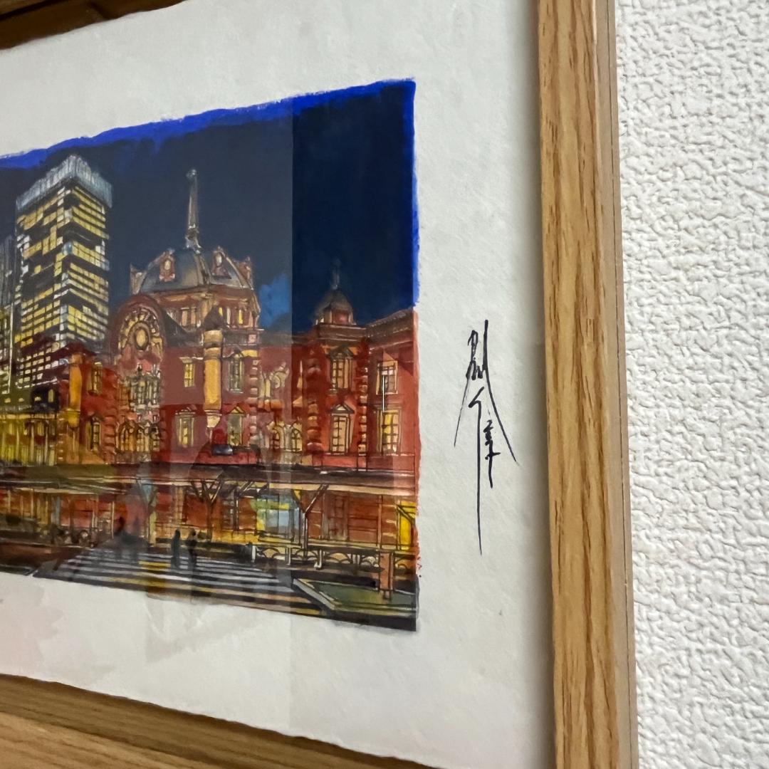 東京駅の夜景 アクリル画（木枠入り）