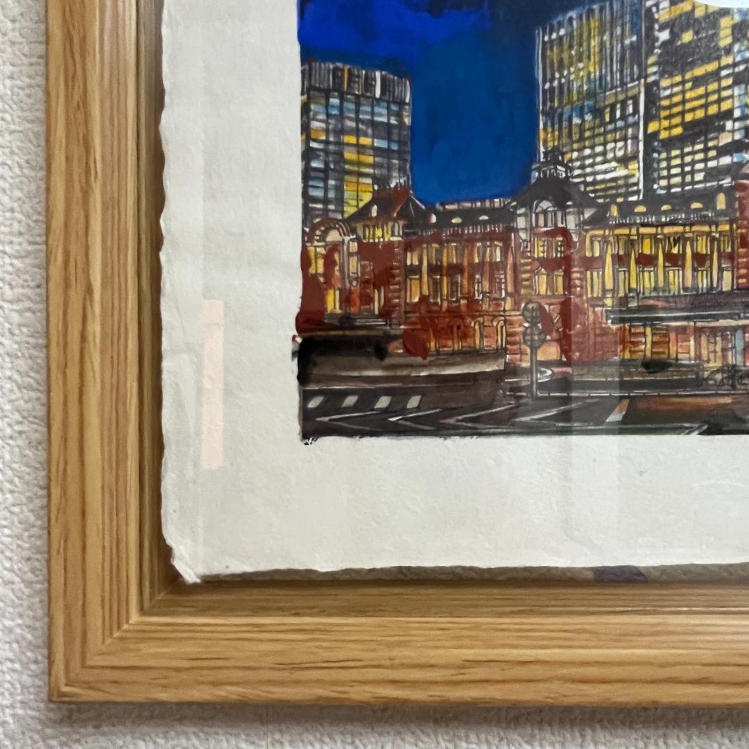 東京駅の夜景 アクリル画（木枠入り）