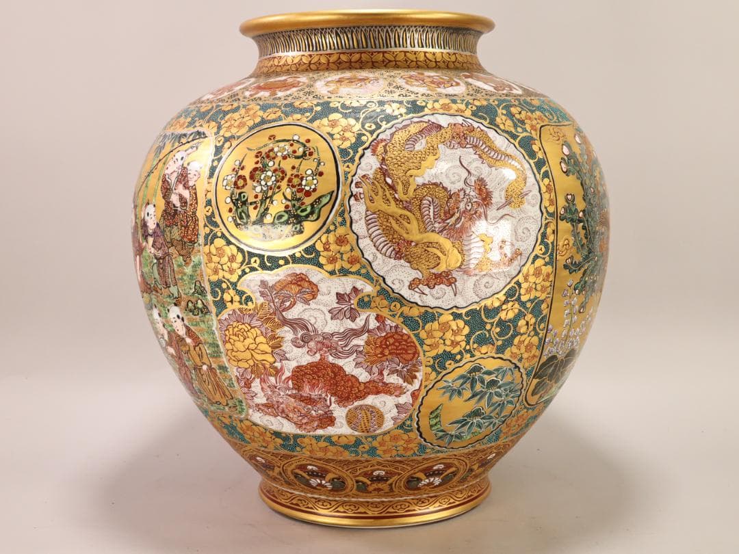 BK498 九谷焼 陶志凰窯 作田利男 (花仙) 作 七福神鳳凰図 特大　花瓶