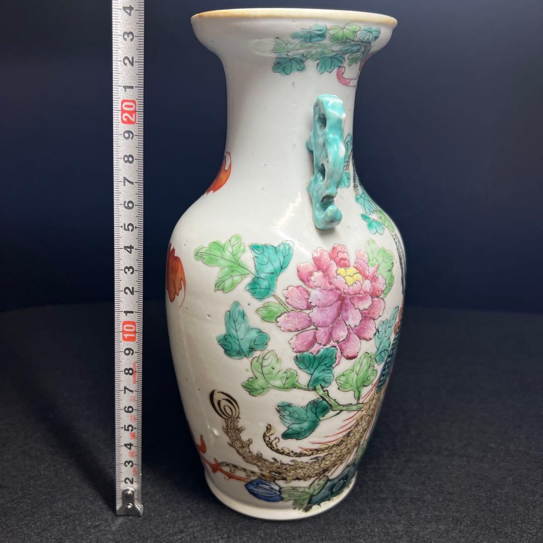 専用　中国清時代　粉彩花鳥図花瓶　高さ23.7㎝　東Y8-0318☆2Fトヒコ