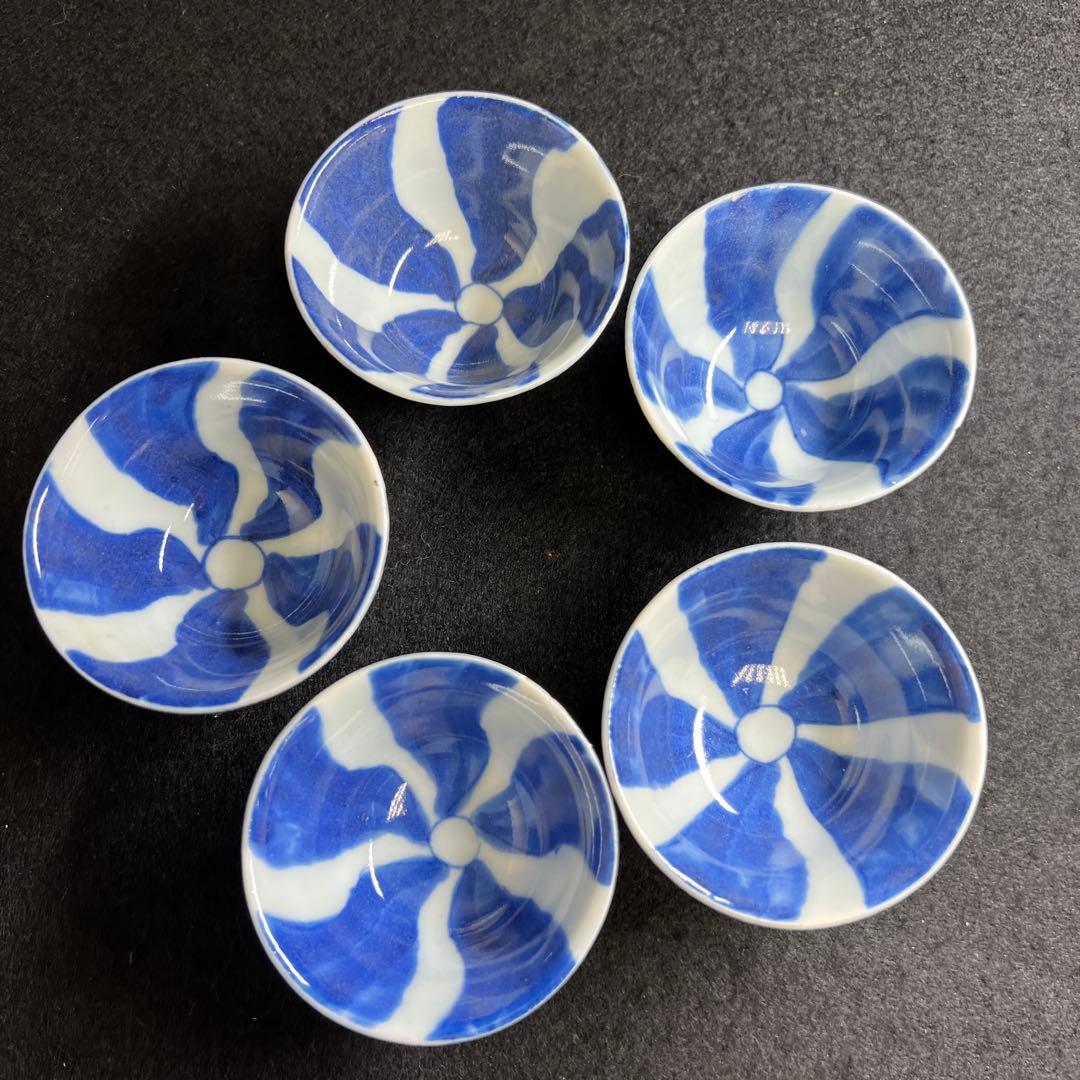 時代　青花染付渦福煎茶碗5客　木箱付　口径約6.5㎝東Y8-0403☆2Fタルチ