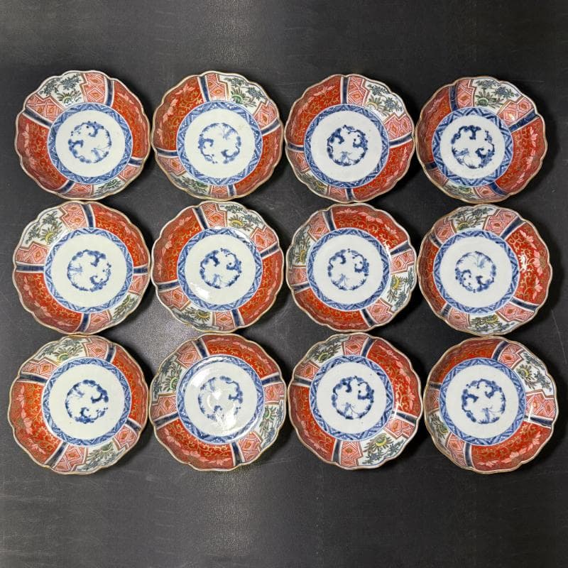 時代物 古伊万里 錦手 膾皿 大明年製 12客(9客無傷) 花唐草文 江戸期