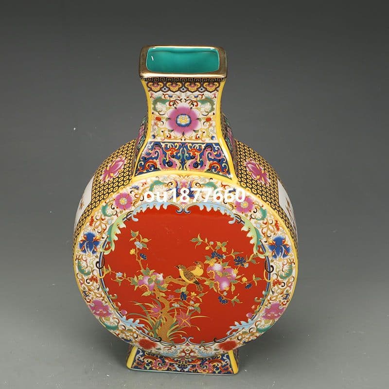 琺瑯彩花鳥紋扁瓶 景徳鎮 陶磁器 装飾品 現代工芸品美術品 置物