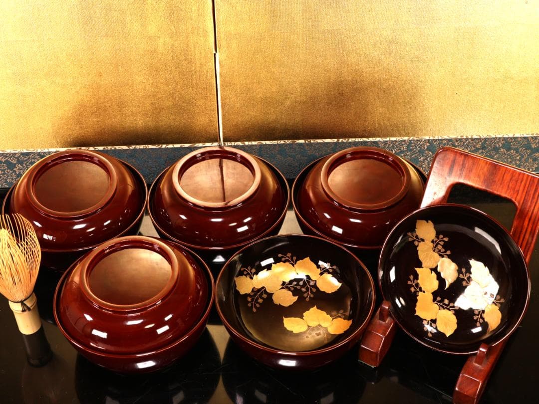 BK533　時代輪島塗　草図金蒔絵　厚物椀　五客　懐石 会席 茶席