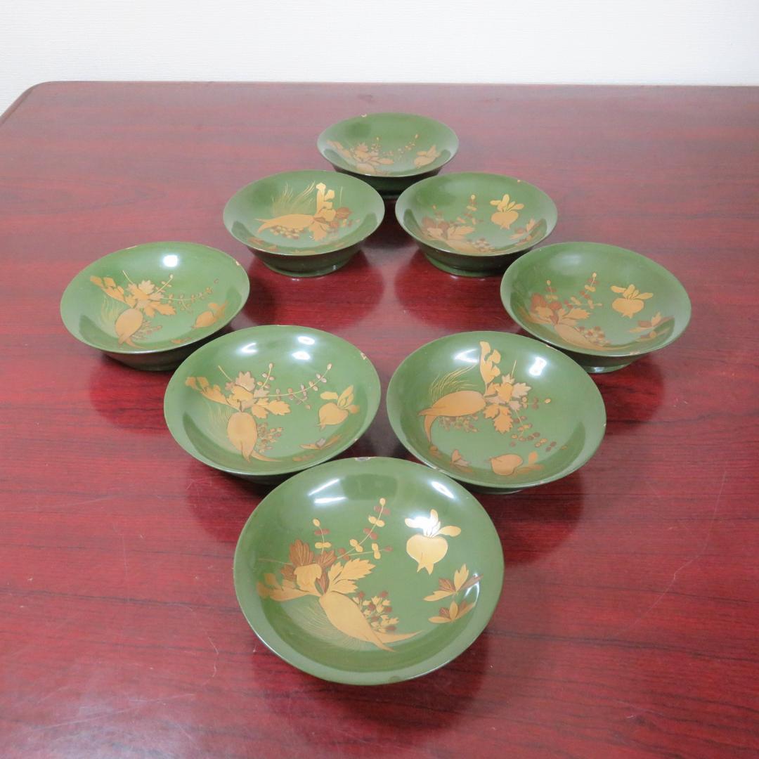 緑吸物碗 青地 盃 蒔絵 大根 カブ 8ケ 傷 欠け スレ 明治頃 希少 漆器
