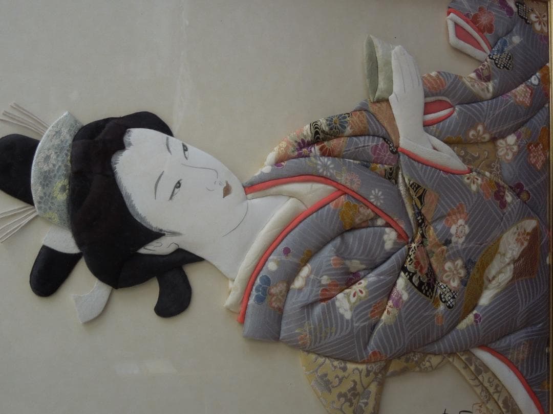 和風着物　立体美人　押し絵立体作品　大判色紙版　油絵用木製額付き