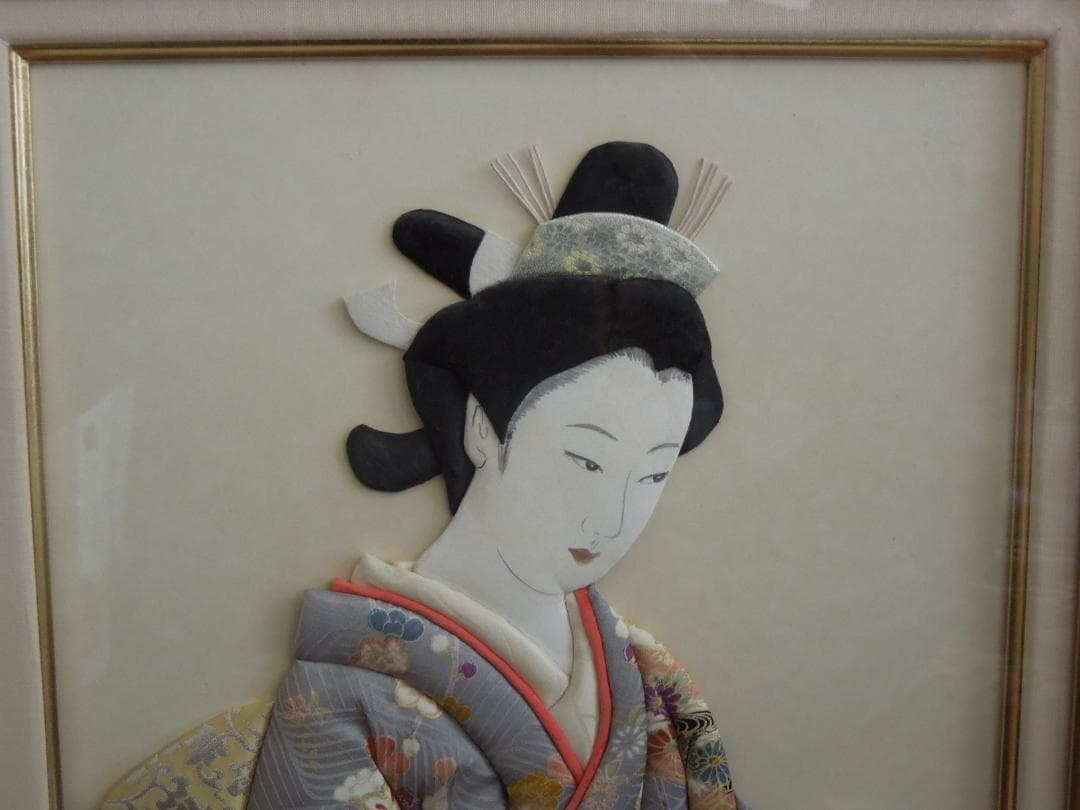 和風着物　立体美人　押し絵立体作品　大判色紙版　油絵用木製額付き