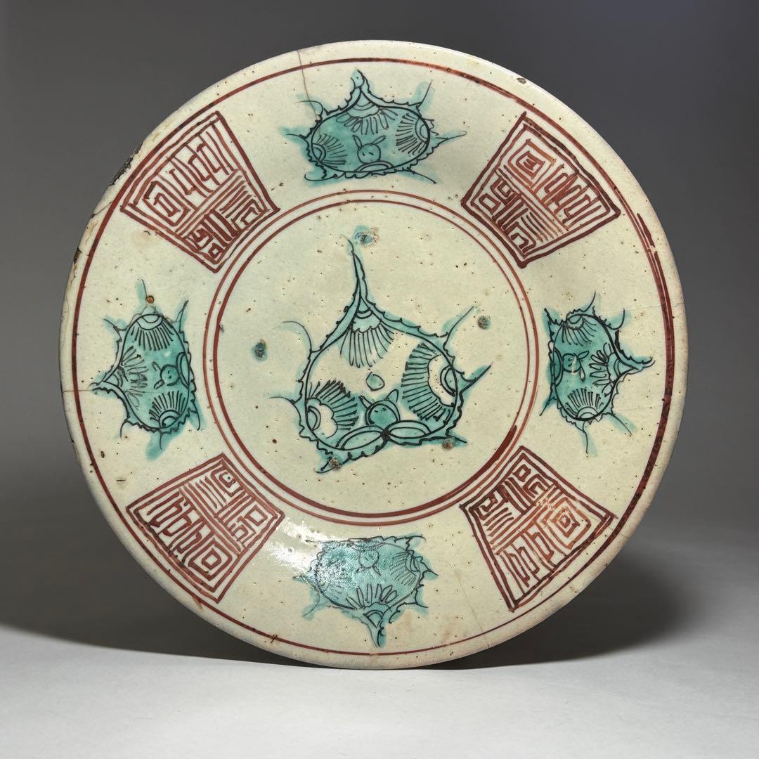 ◆呉須赤絵皿 明時代末期 希少8寸皿 桐箱付き 古渡り 伝世品 唐物 中国美術◆