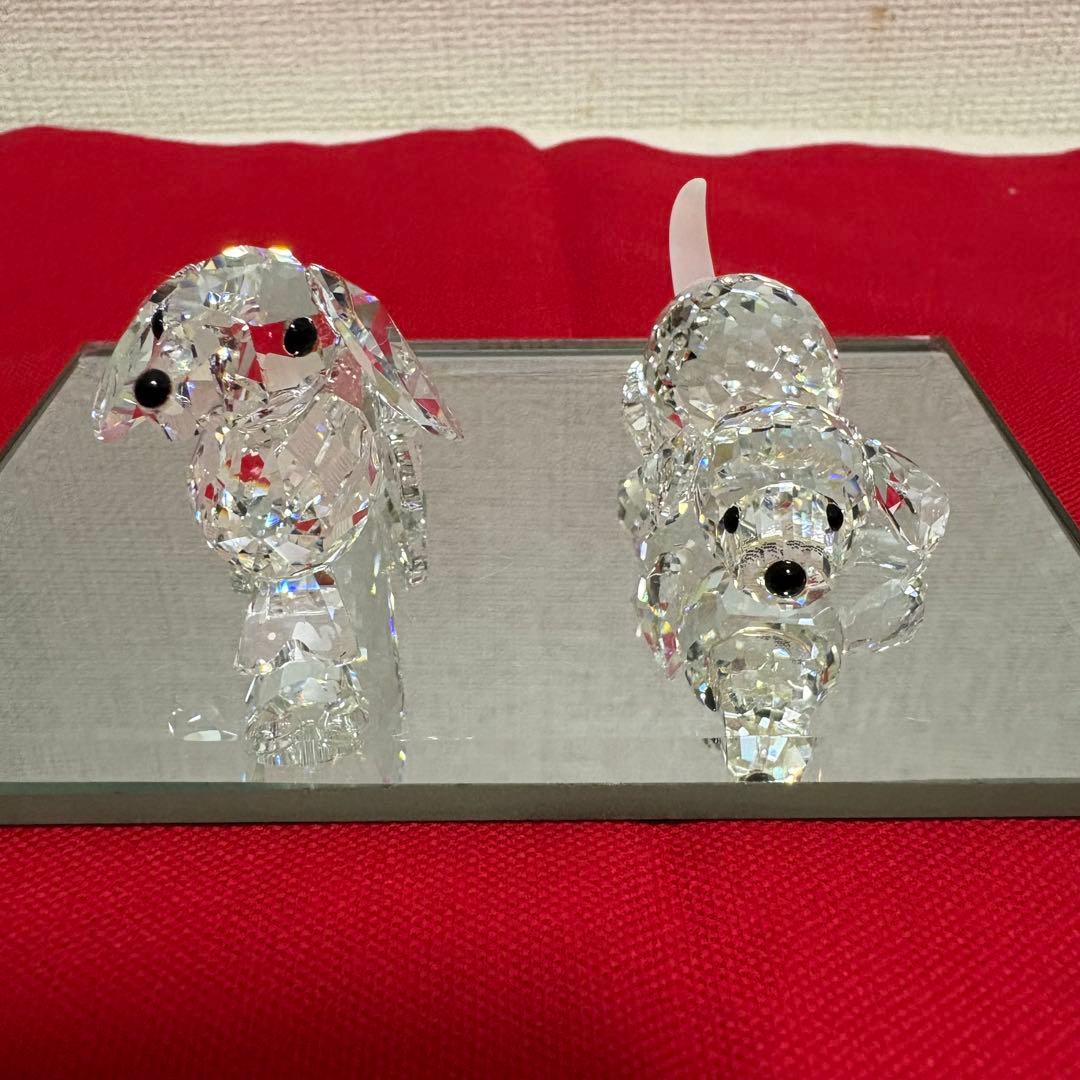 【スワン刻印】スワロフスキー 犬 2体セット 鏡面台座付き ※取れた耳パーツあり