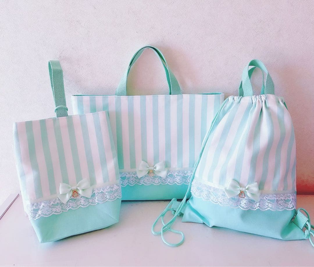 ミントグリーン×ストライプ　入園入学3点セット　女の子　ハンドメイド