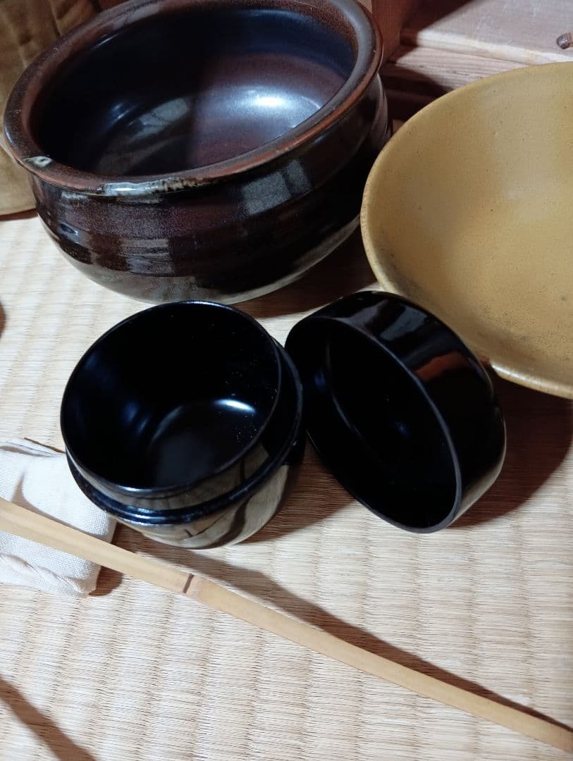 茶道具セット　短編箱　茶道 茶碗　茶せん　茶杓　なつめ　茶巾　棗　黄瀬戸　水指
