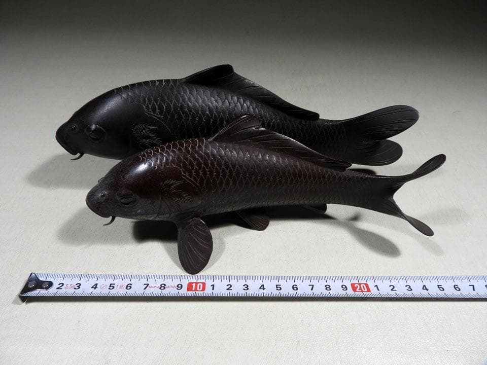 ●金工師 岩坪信光 古銅 双鯉 唐金 在銘 銅器 夫婦鯉 縁起物 重量1727g
