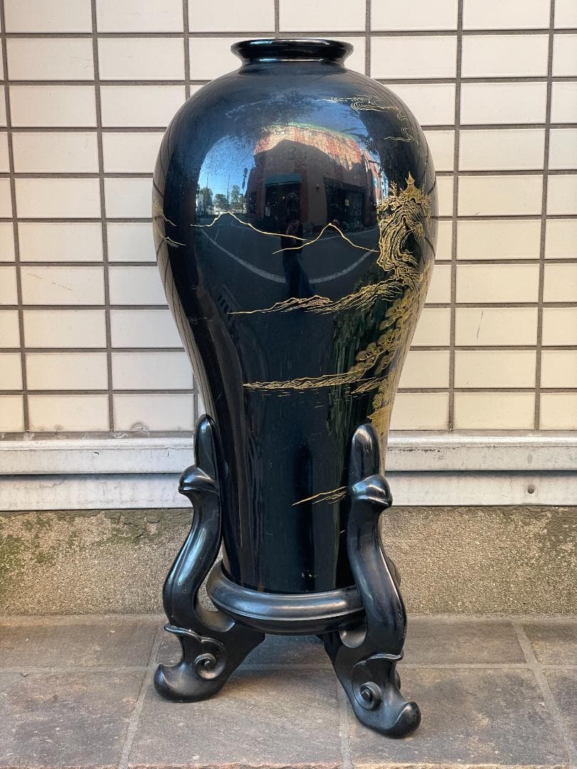 中国古玩 福建漆器 脱胎漆器 金彩 特大 花瓶 飾台付 約67cm 山水図 唐物