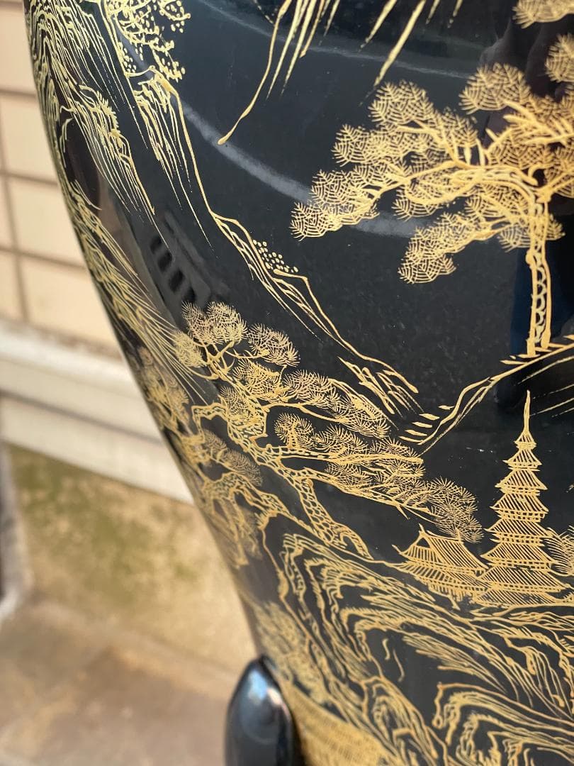 中国古玩 福建漆器 脱胎漆器 金彩 特大 花瓶 飾台付 約67cm 山水図 唐物