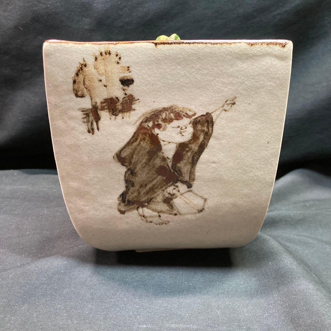 【美品】水指 寒山拾得図 角水指 菱水指