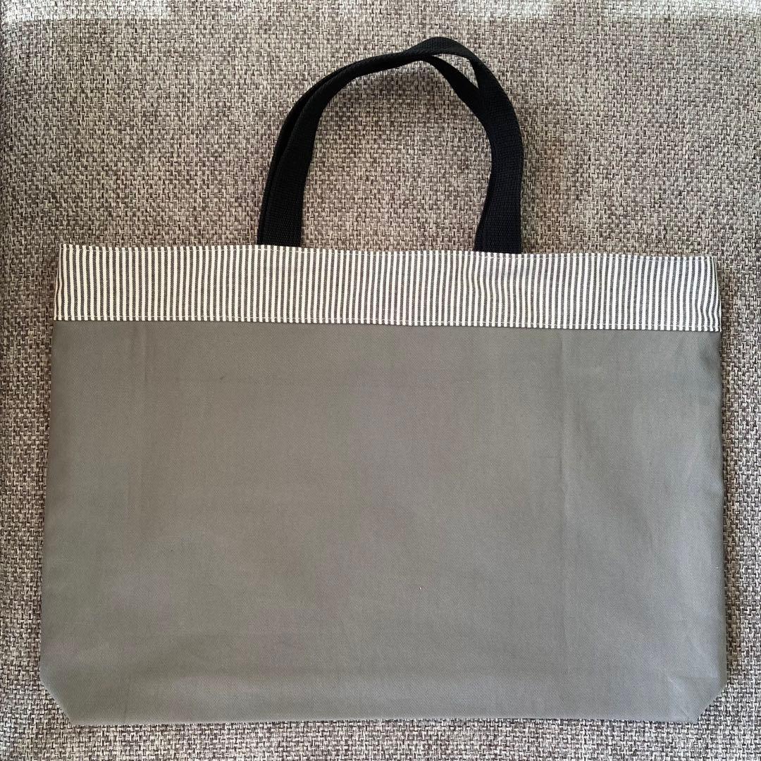 レッスンバックno.105 ハンドメイド　グレー×ストライプ　大きめサイズ
