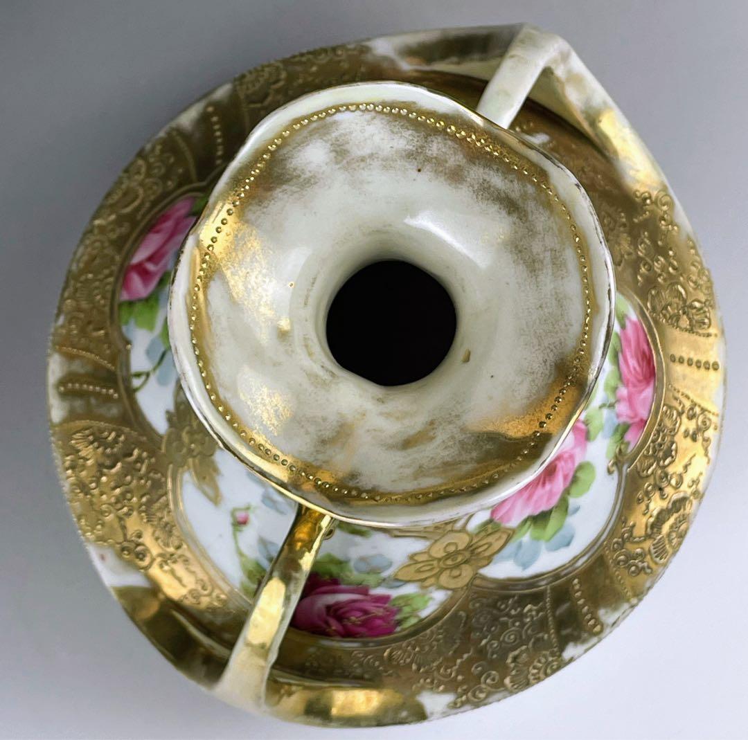【訳あり】オールドニッポン 金盛り薔薇紋 双耳三脚花瓶 金盛り 三つ足 バラ
