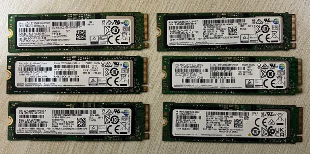 【計6枚】Samsung NVMe SSD まとめ売り (全領域データ消去済)
