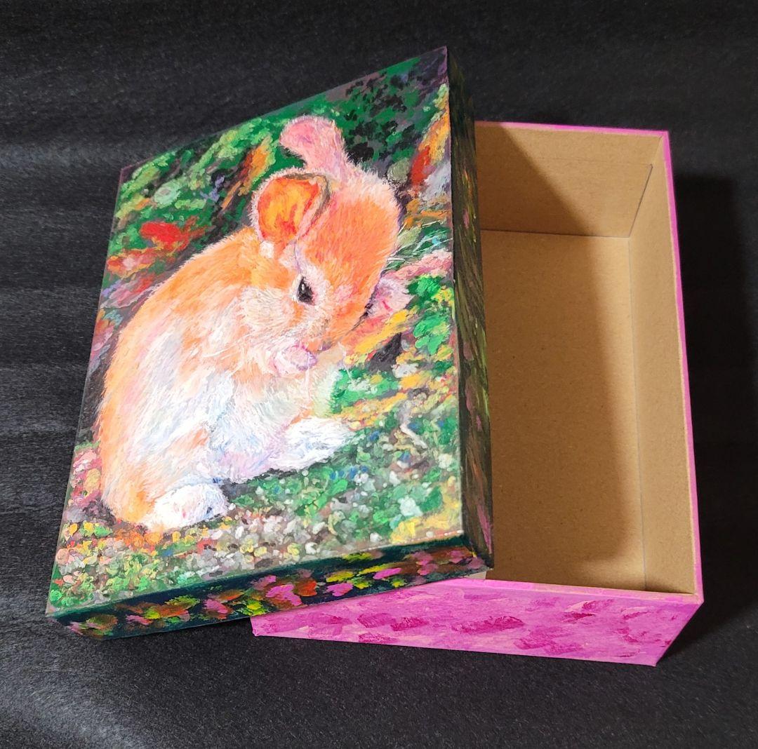【一点もの】うさぎの秘密の絵箱 オイルパステル画 ハンドメイド インテリア