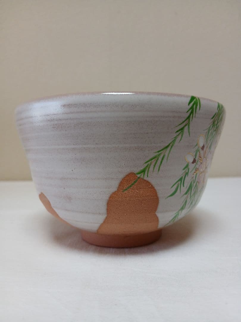 京焼　白釉柳桜茶碗　平安　橋本紫雲作
