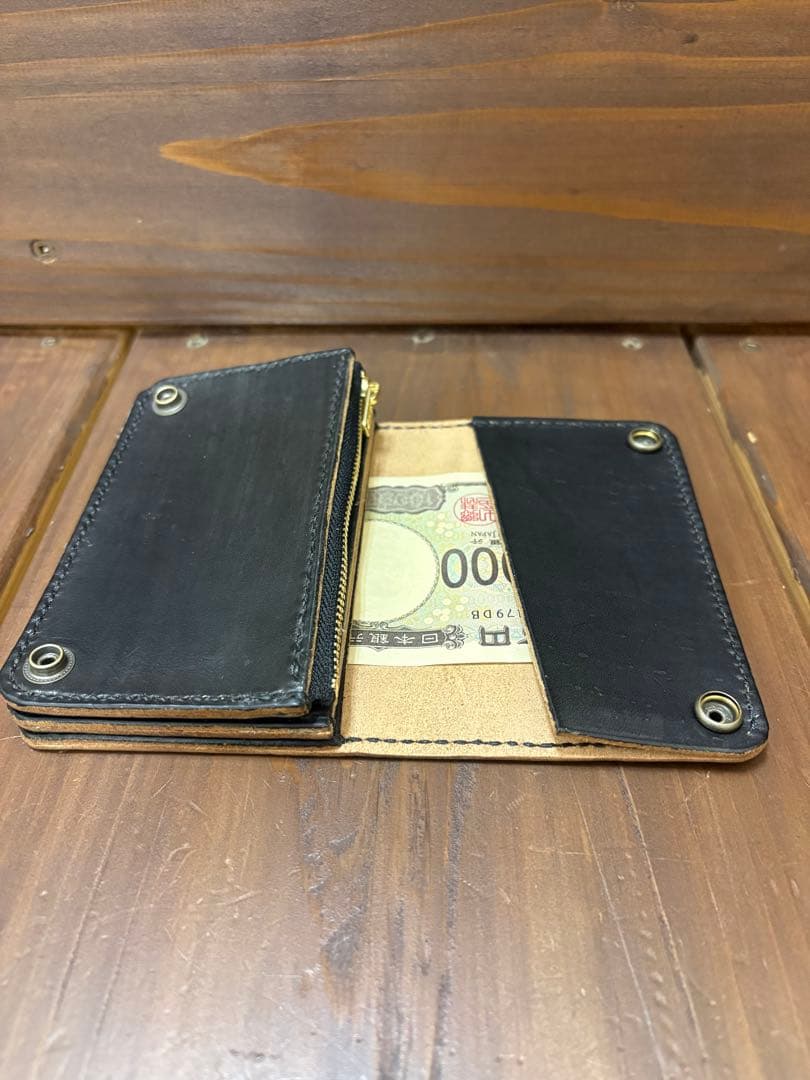 ショートトラッカーウォレット　本革ヌメ革　茶芯ブラックTruckerWallet