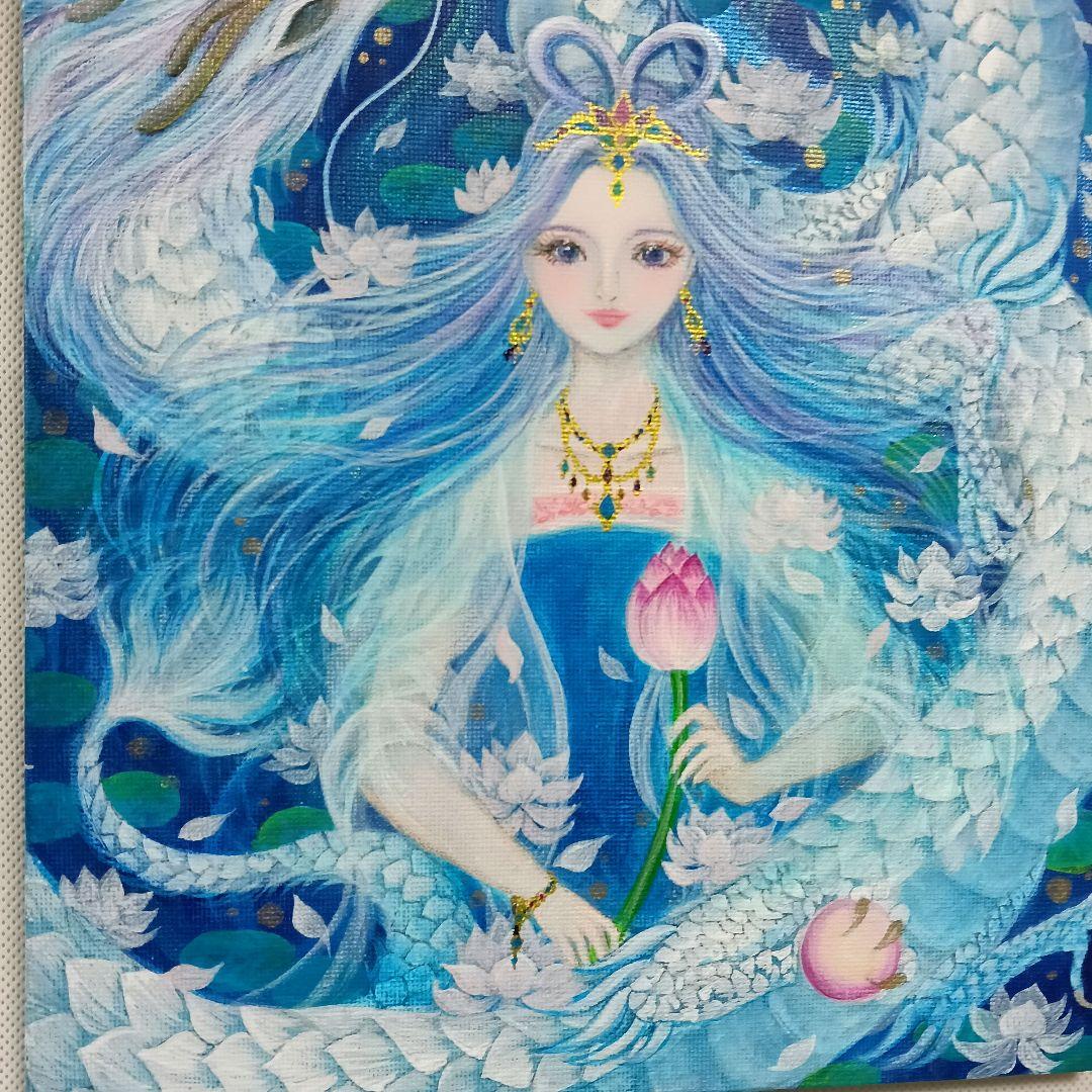 No.573 弁財天と龍　F3　キャンバス　開運絵画　弁財天　アクリル画　龍神