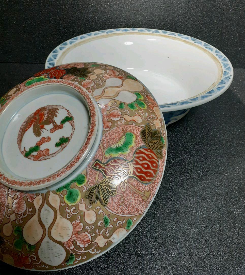 秀逸品　米国里帰品　1850年頃　古伊万里　染錦　上作　瓢箪に鳳凰蓋　特大大平鉢