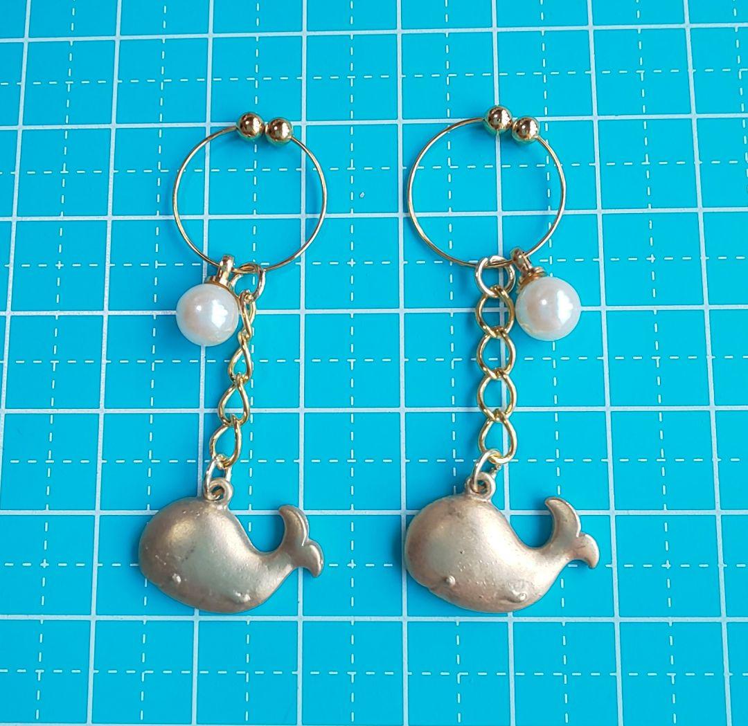 HM　フープイヤリング　ノンホールピアス　ゴールド　パール　ホエール　鯨