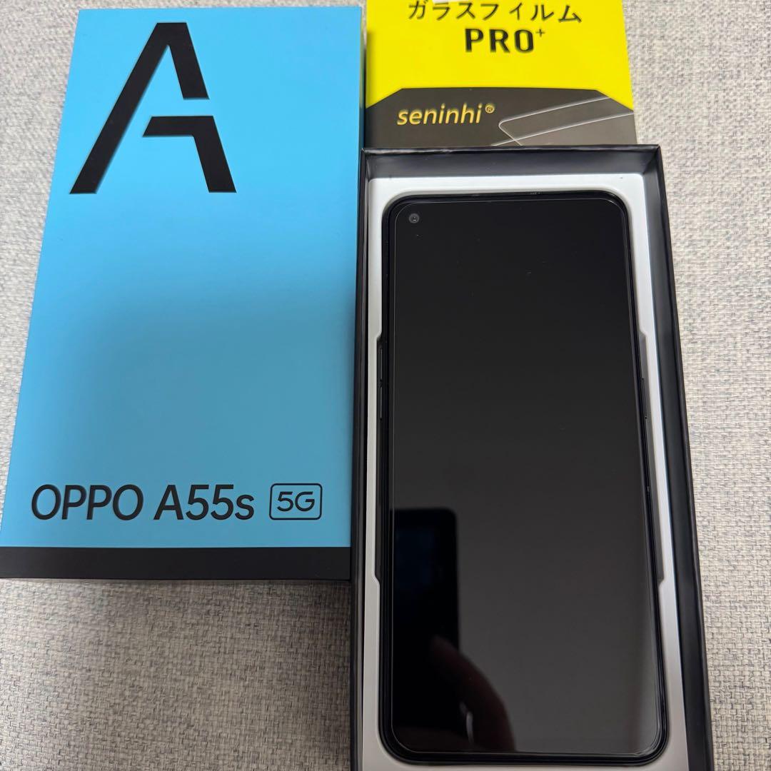 OPPO A55s 5G 本体 スマホ ブラック ガラスフィルム付 SIMフリー