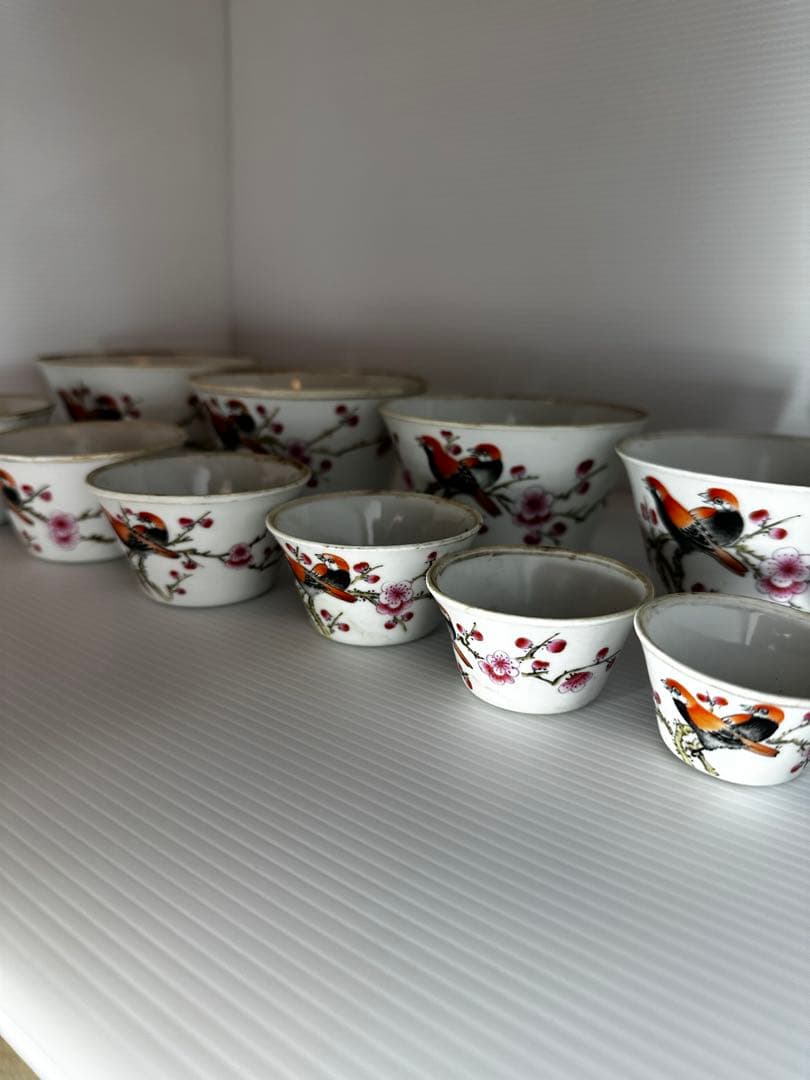 台湾アンティーク 鳥と梅の絵柄 茶器 烏龍茶器 入れ子