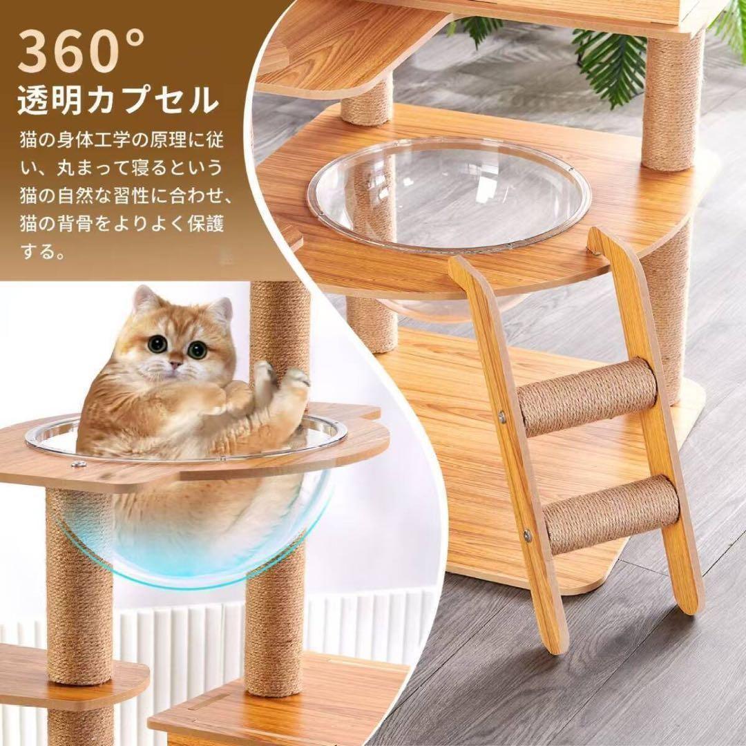 キャットタワー ハンモック 木製 スリムデザイン 大型猫用 宇宙船型透明ボウル
