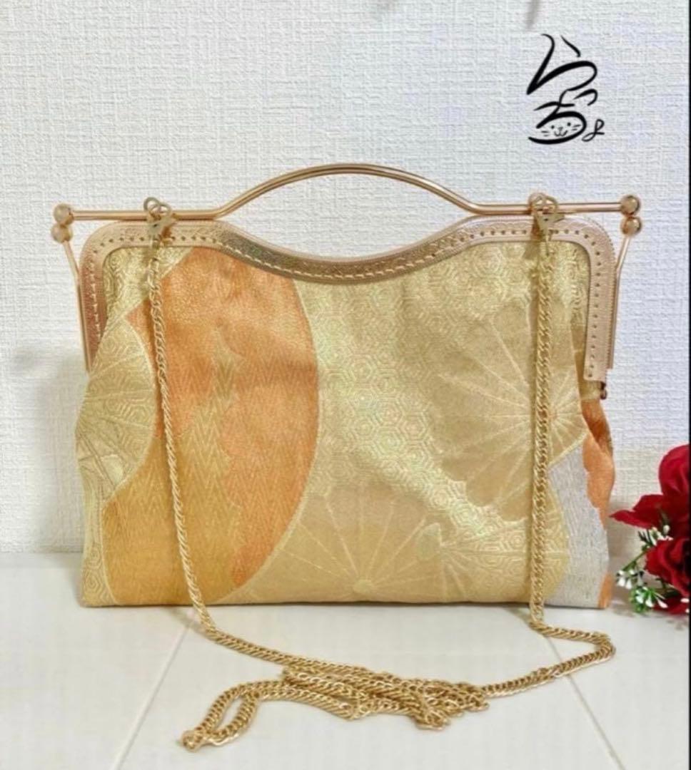帯リメイク 菊に扇 変わりがま口バッグ
