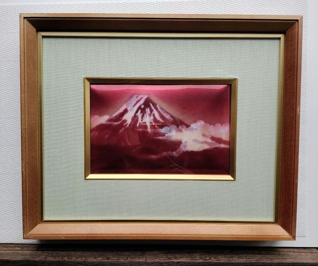 赤紫色の鮮やかな☆赤富士の七宝（しっぽう）　七宝焼　木製フレーム付き
