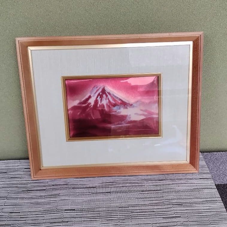 赤紫色の鮮やかな☆赤富士の七宝（しっぽう）　七宝焼　木製フレーム付き