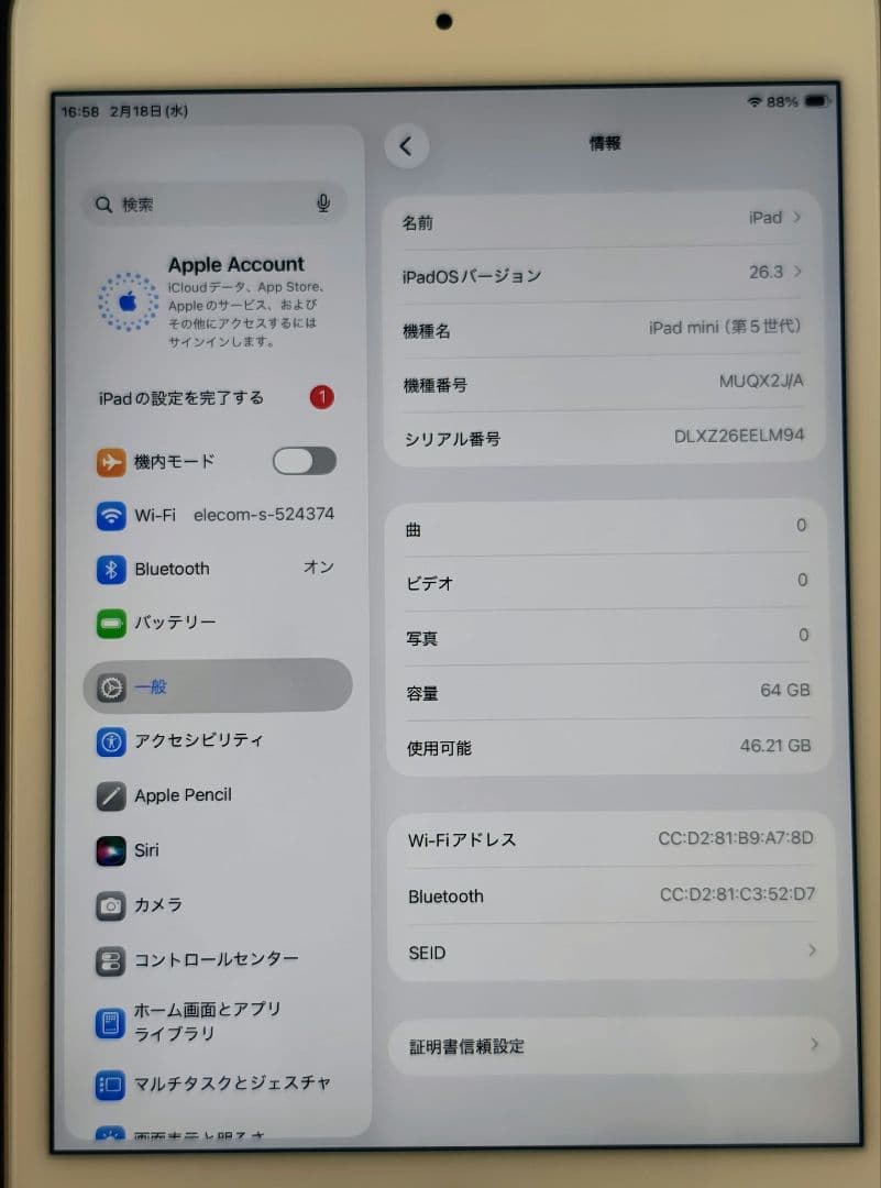バッテリー95%【iPad mini 5世代 64GB WiFi】充放電106回